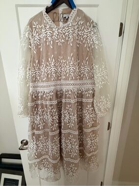 Ivy City Co Taupe Midi Dress with White Floral Embroidery